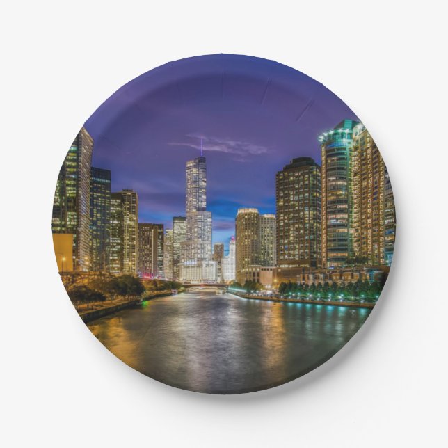 Chicago River at Sunset Paper Plate (Front)