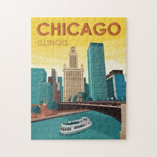 Chicago River Skyline Vintage Travel Jigsaw Puzzle