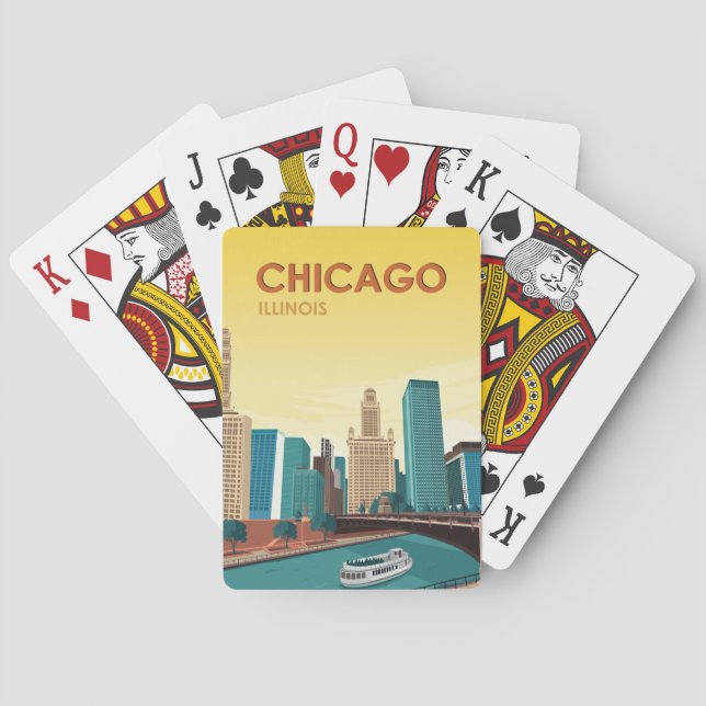 Chicago River Skyline Vintage Travel Playing Cards (Back)