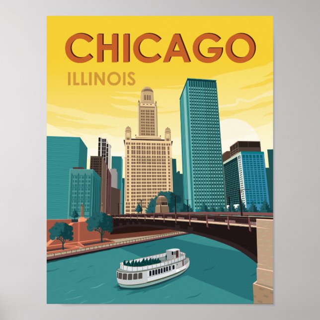 Chicago River Skyline Vintage Travel Poster (Front)