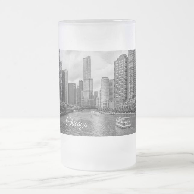 Chicago River Trump Tower Grayscale Frosted Mug (Center)