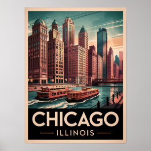 Chicago Riverwalk Retro Art – Vintage Cityscape Poster