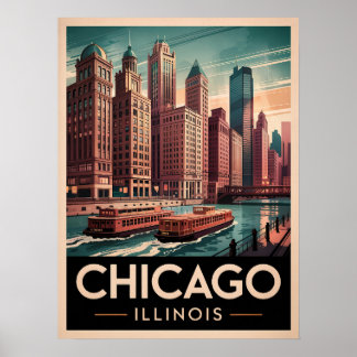 Chicago Riverwalk Retro Art – Vintage Cityscape  Poster