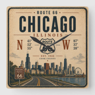 Chicago Route 66 Skyline Coordinates Square Wall Clock