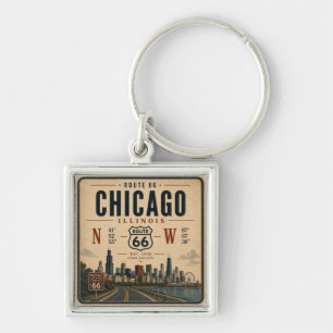 Chicago Route 66 Vintage Coordinates Skyline Art Key Ring