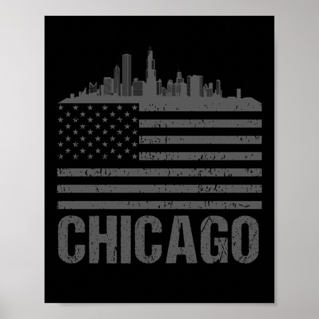 Chicago Silhouette American Flag Vintage City Gift Poster (Front)