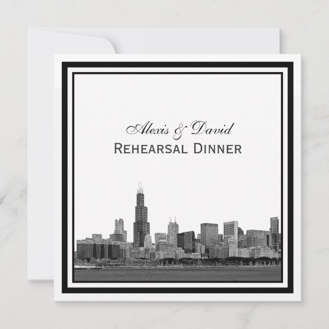 Chicago Skyline #2 Etched Framed Rehearsal Dinner Invitation (Front)