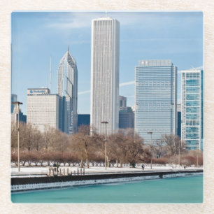 Chicago skyline across frozen Lake Michigan Glass Coaster