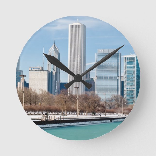 Chicago skyline across frozen Lake Michigan Round Clock (Front)
