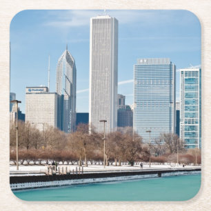 Chicago skyline across frozen Lake Michigan Square Paper Coaster