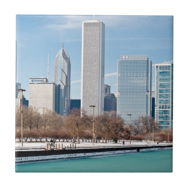 Chicago skyline across frozen Lake Michigan Tile (Front)