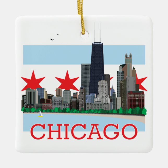 Chicago Skyline and City Flag Ceramic Ornament (Front)