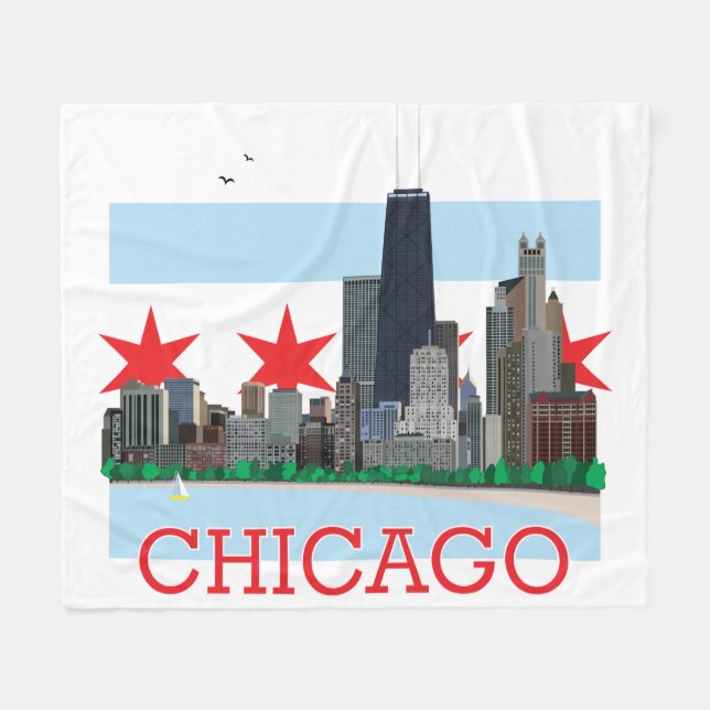 Chicago Skyline and City Flag Fleece Blanket (Front (Horizontal))