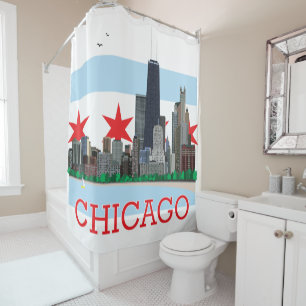 Chicago Skyline and City Flag Shower Curtain