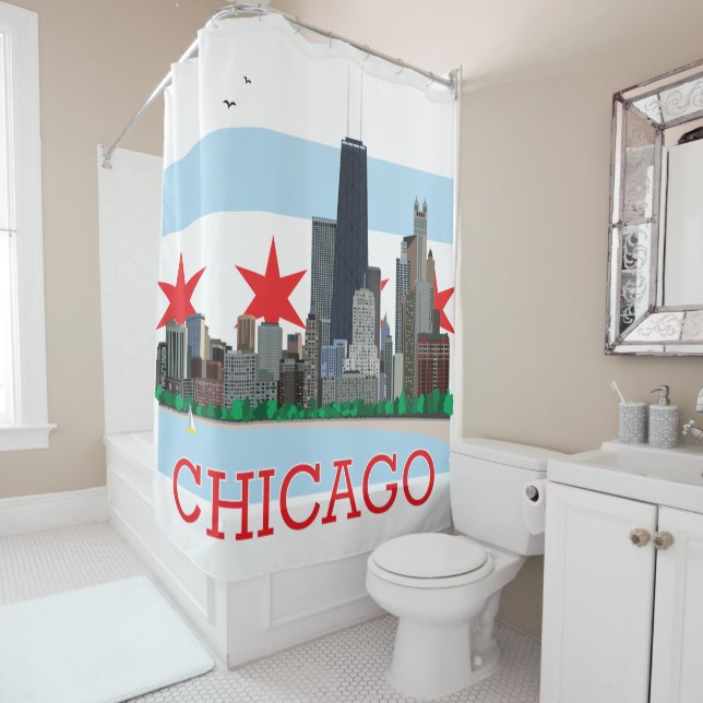 Chicago Skyline and City Flag Shower Curtain (In Situ)