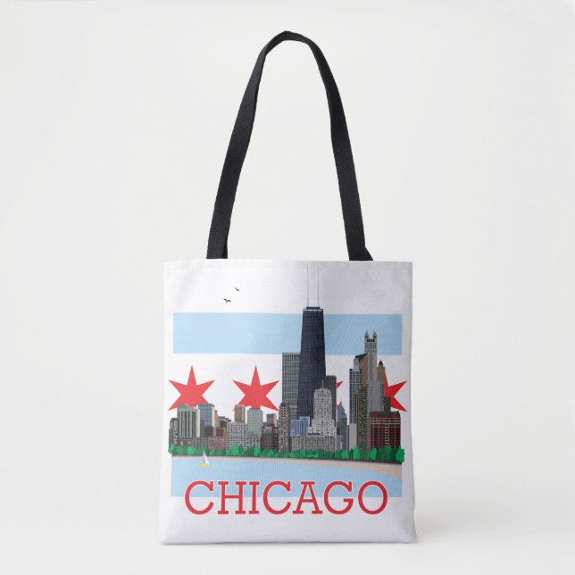Chicago Skyline and City Flag Tote Bag (Front)