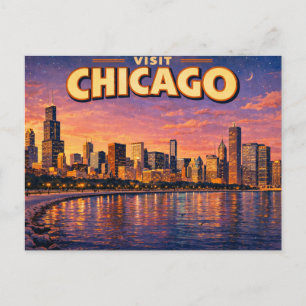 Chicago skyline and Lake Michigan in the evening Holiday Postcard
