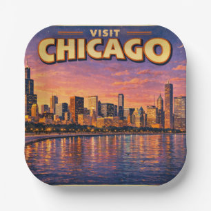 Chicago skyline and Lake Michigan in the evening Paper Plate
