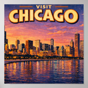 Chicago skyline and Lake Michigan in the evening Poster