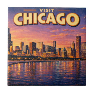 Chicago skyline and Lake Michigan in the evening Tile