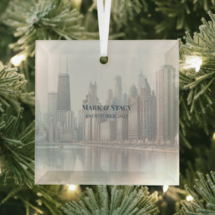 Chicago Skyline Architecture Watercolor Glass Tree Decoration