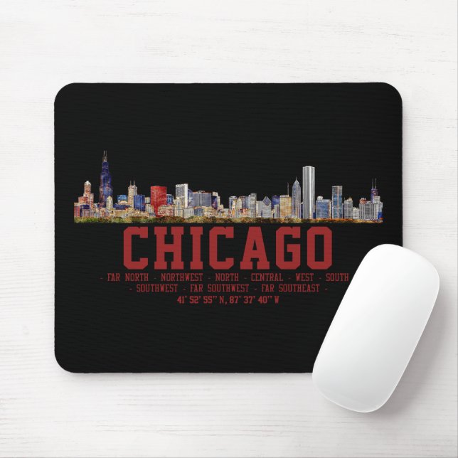 Chicago Skyline.  Area Names and Coordinates Mouse Mat (With Mouse)