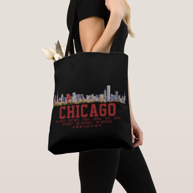 Chicago Skyline.  Area Names and Coordinates Tote Bag (Close Up)