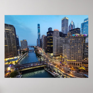 Chicago Skyline at Dusk River View Poster Print