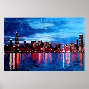 Chicago Skyline at Night Poster