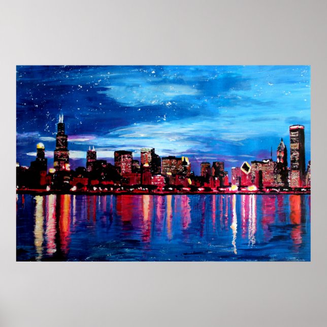 Chicago Skyline at Night Poster (Front)