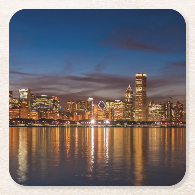 Chicago Skyline At Night Square Paper Coaster (Front)