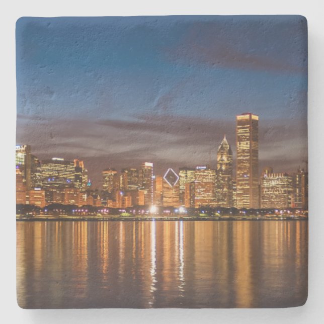 Chicago Skyline At Night Stone Coaster (Front)
