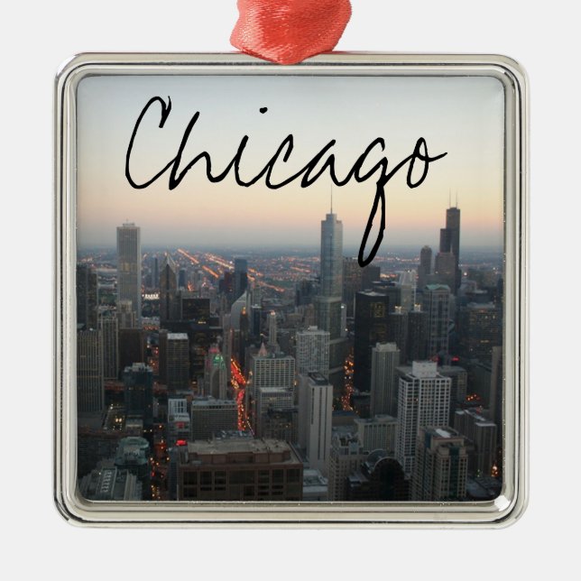 Chicago Skyline at Sunset Metal Tree Decoration (Front)