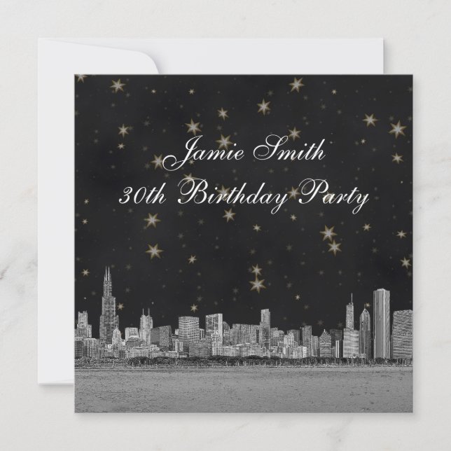 Chicago Skyline Black Gold Star Birthday Party Invitation (Front)