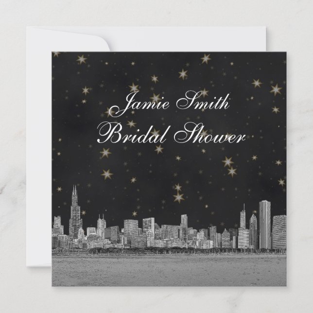 Chicago Skyline Black Gold Star Bridal Shower Invitation (Front)