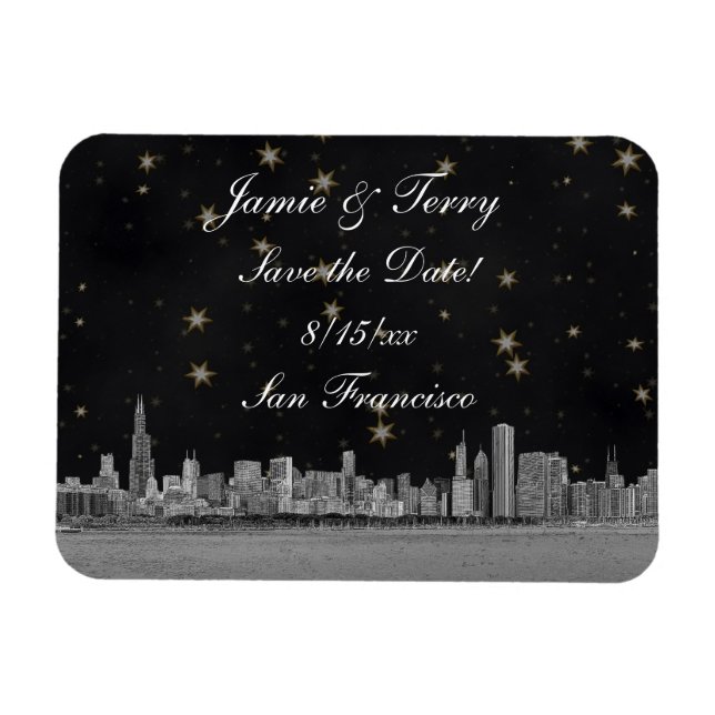 Chicago Skyline Black Gold Star Save the Date Magnet (Horizontal)