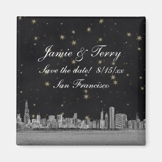 Chicago Skyline Black Gold Star Save the Date Magnet (Front)