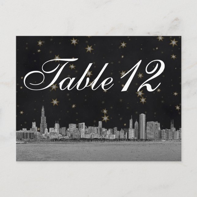 Chicago Skyline Black Gold Star Table Number Postcard (Front)