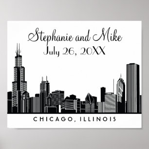 Chicago Skyline Black Wedding Reception Welcome Poster
