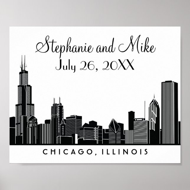 Chicago Skyline Black Wedding Reception Welcome Poster (Front)
