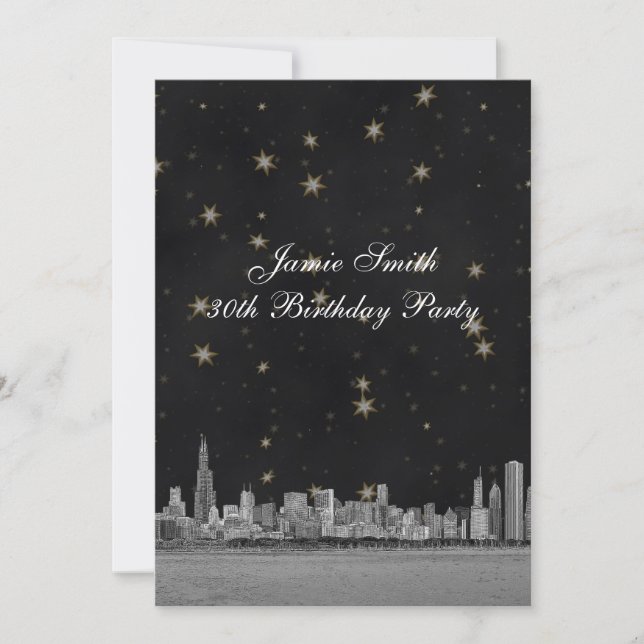 Chicago Skyline Blk Gold Star Birthday Party V Invitation (Front)