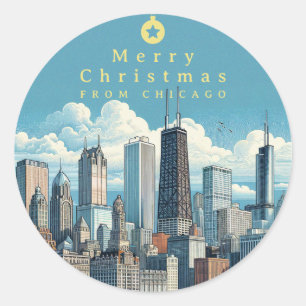 Chicago Skyline Blue Merry Christmas Holiday Classic Round Sticker