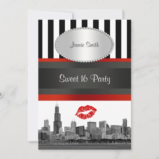 Chicago Skyline BW Blk Wht Strp Red Kiss Sweet 16 Invitation (Front)