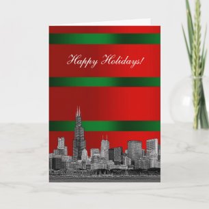Chicago Skyline Christmas Holiday Red Green Grd Card