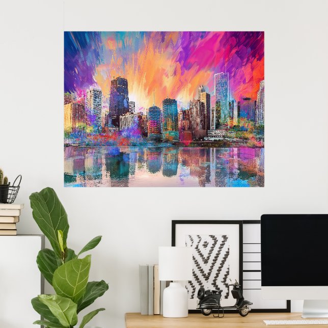 Chicago Skyline Colourful Abstract Art Poster (Home Office)