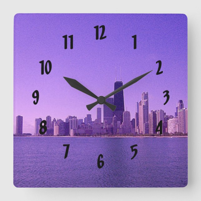 Chicago Skyline Deep Purplish Hues Square Wall Clock (Front)