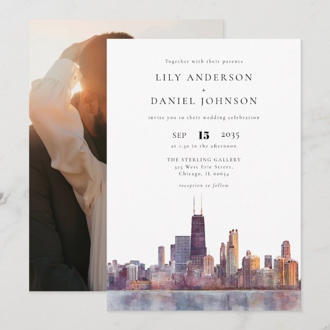 Chicago Skyline Destination Photo Wedding Invitation (Front/Back)