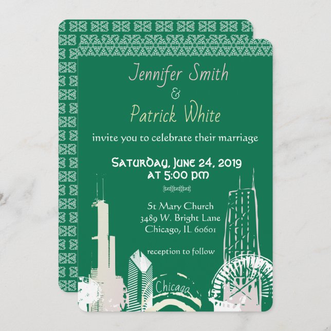 Chicago Skyline emerald  lace elegant Invitation (Front/Back)