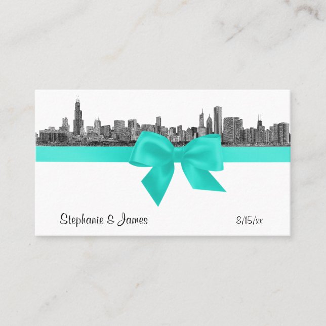 Chicago Skyline Etched BW Aqua Place Cards #2 (Front)