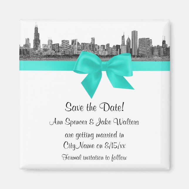 Chicago Skyline Etched BW Aqua Save the Date Magnet (Front)
